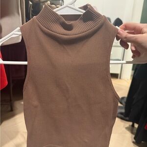 Zara Ribbed Sleeveless Mock Neck Top - Brown
